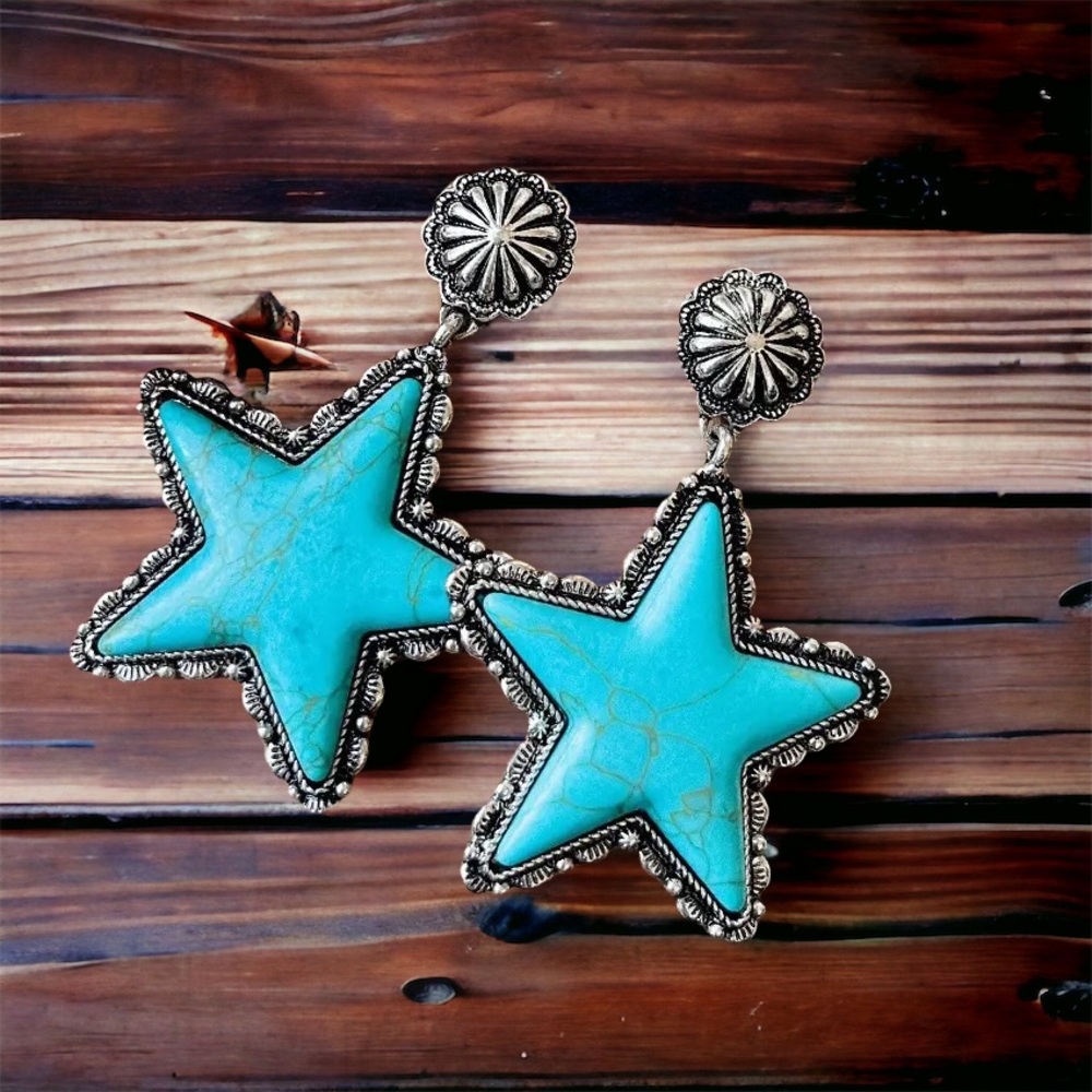 Turquoise and silver dangling star earrings - Picture 2 of 2
